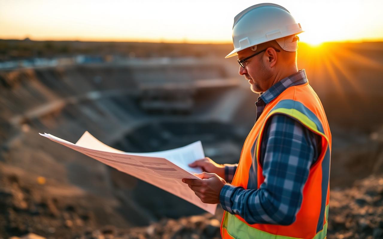 Site engineer reviewing plans at sunrise